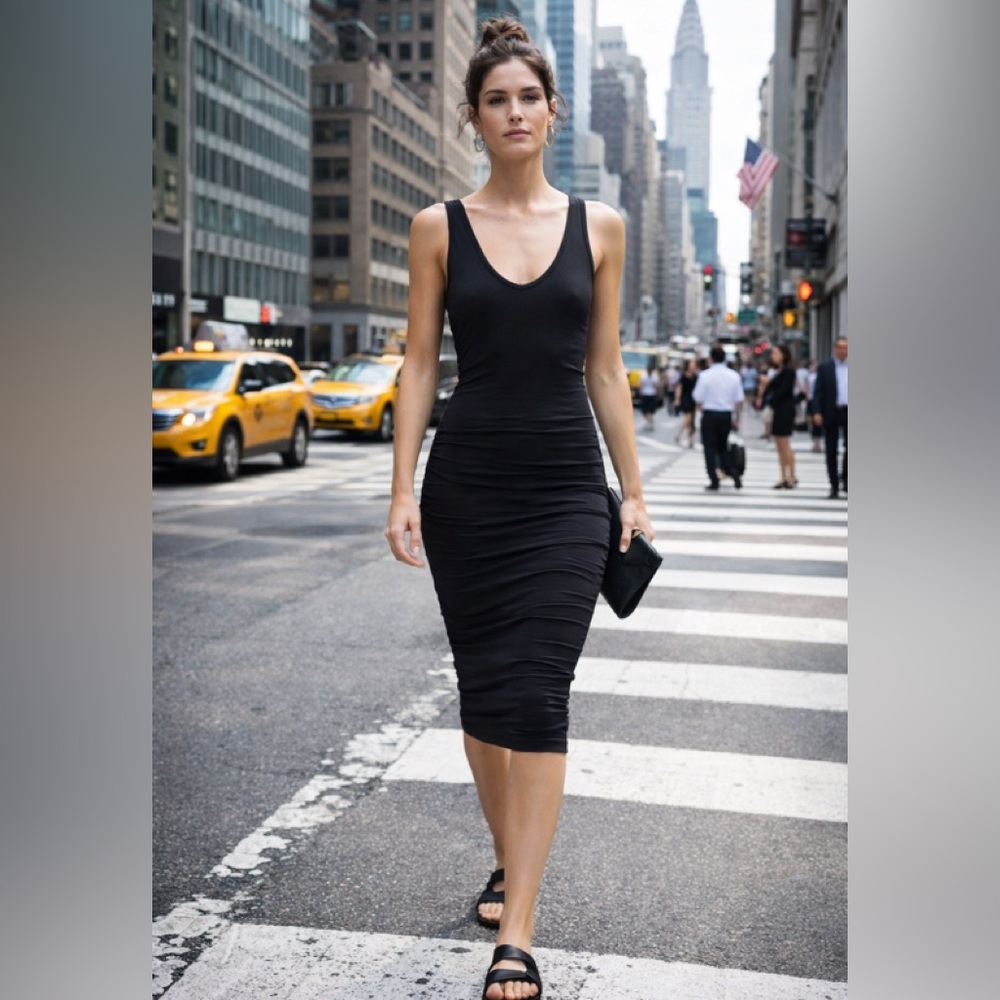 James Perse Ruched Tank Bodycon Midi Stretch Dress size XS/ 0 Black